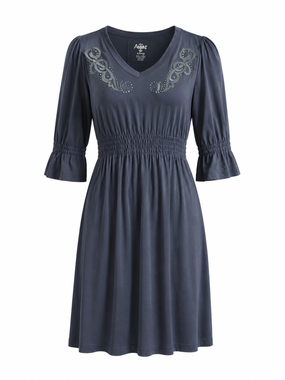 ARIAT |‎ Blue Gray Smocked Embroidered Western Dress Bell Sleeve Boho Studs | XL